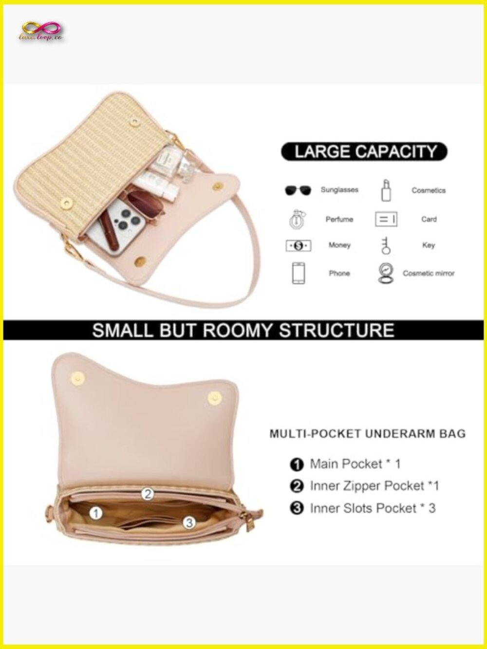 Straw Hobo Shoulder Bag with Chain Crossbody Purse Trendy Woven Clutch - Picture 5 of 7